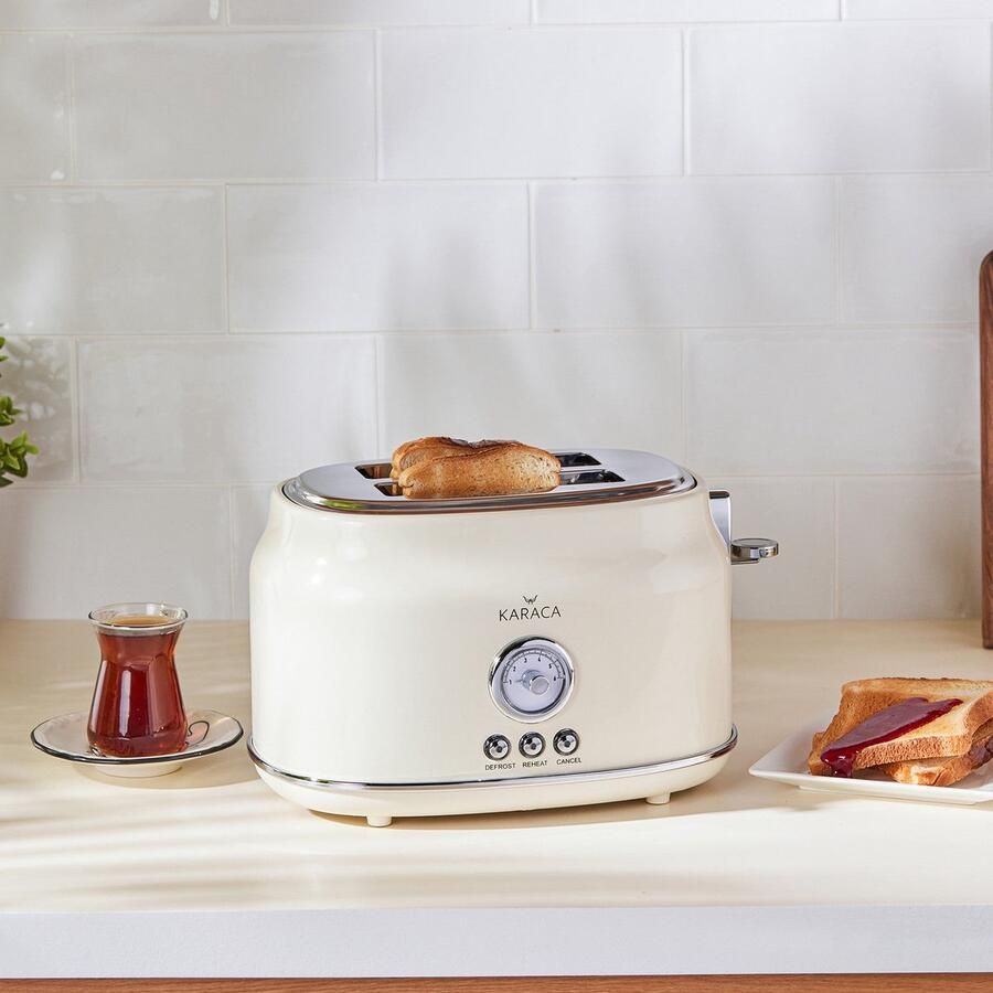 KARACA Retro Broodrooster – 2 Sneden – Crème – 815W – Met Ontdooifunctie