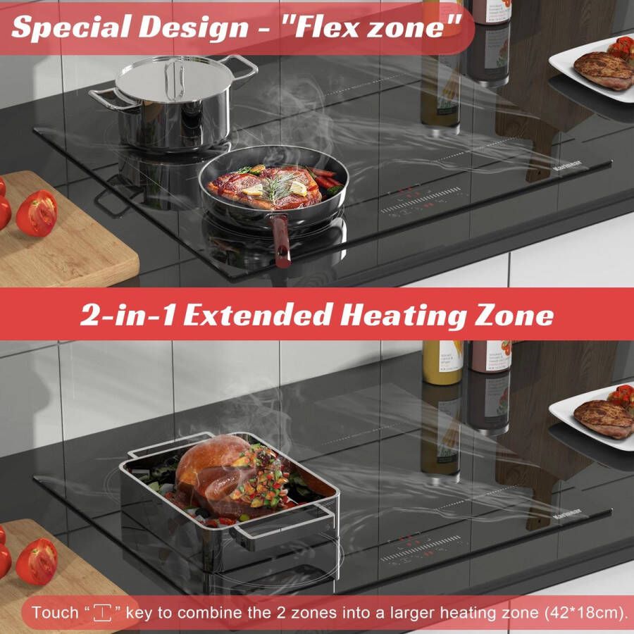 Karinear Inductie kookplaat Induction Hob Induction Cook Top Inductie Fornuis Elektrische Brander stekker en flexzone 3500W met touchbediening 4-pits inductiekookplaat met marmering veiligheidsslot Zwart