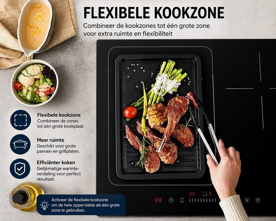 Karinear Inbouw Inductiekookplaat – 4 Pits – 7200W – Flexzone – Touch Slider Bediening – Timer – Boostfunctie – Zwart
