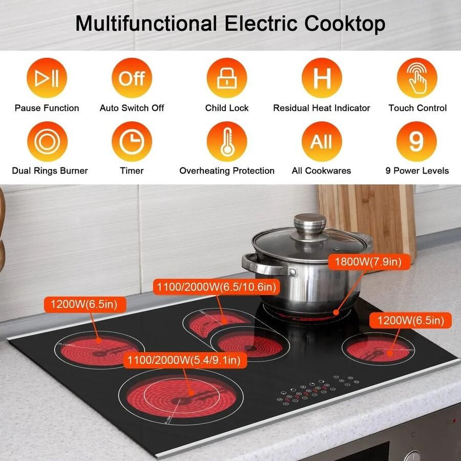 Karinear Inductie kookplaat Induction Hob Elektrische Brander 30 Inch Elektrische Kookplaat 5 Branders Keramische Kookplaat Inbouw Elektrische Stralingskookplaat 8400W Induction Cook Top Inductie Fornuis Zwart