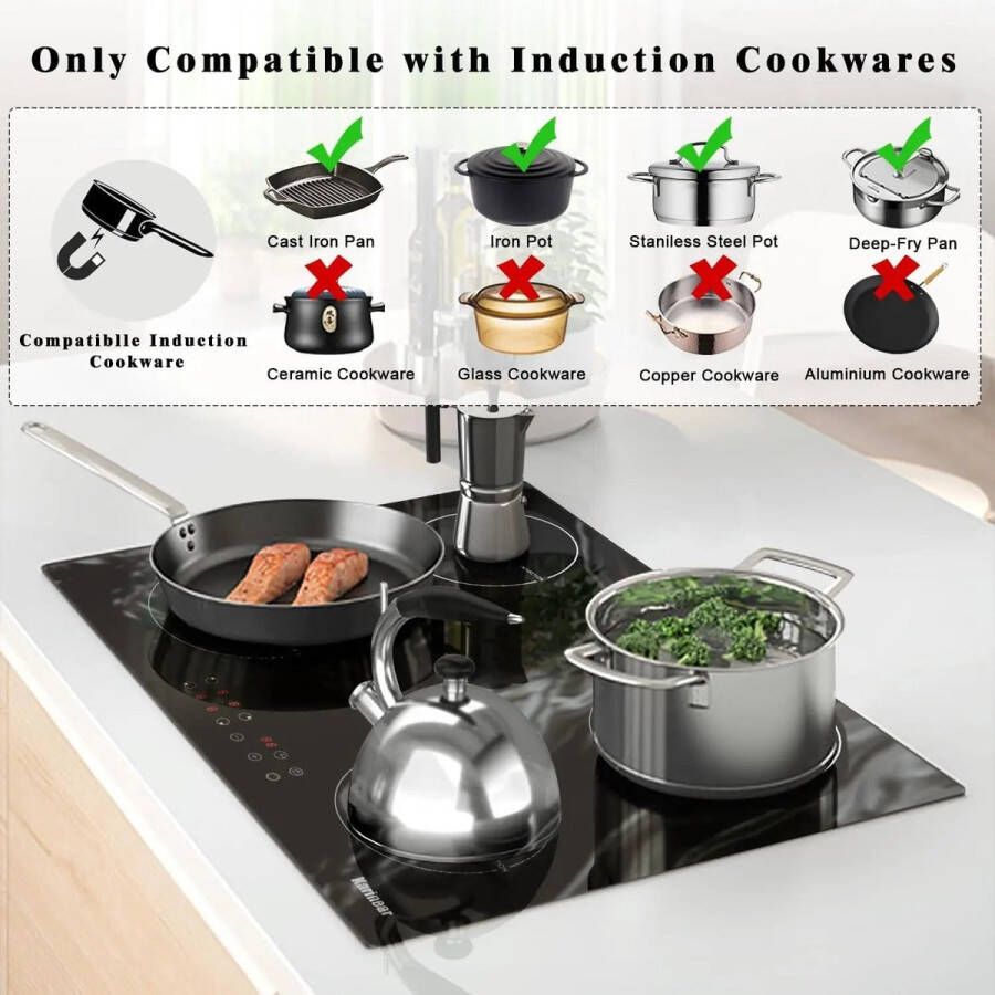 Karlnea Inductie kookplaat Induction Hob Induction Cook Top Inductie Fornuis Elektrische Brander Marmerkeramisch glas 3500W Imet stekker 4 Zones 60cm Touch Control Timer Veiligheidsslot Zwart