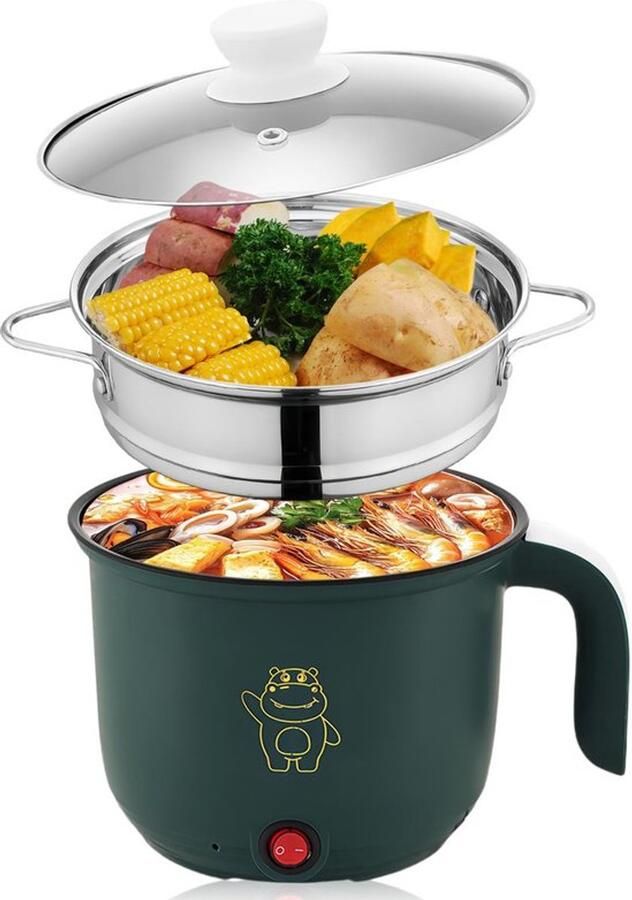 Karzo Elektrische Mini Koker 1.8 Liter Draagbare Antiaanbaklaag Draagbare Snelle Soep Pan Elektrische Koker voor Thuis Kantoor Studentenhuis + Stoompan