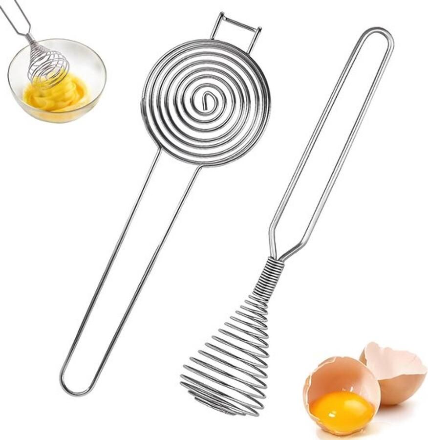 Karzo Handmixer kleine garde met eidooierscheider roestvrij staal eiwitscheider met lange handgreep geschikt voor keuken huishouden hotel restaurant 2-delige set (zilver)