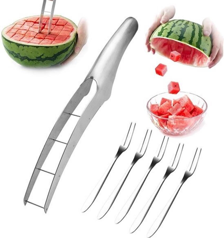 Karzo RVS Watermeloen Snijder Watermeloen Snijgereedschap Praktisch Watermeloen Mes met 5 Fruitvorken Snel en Veilig voor Watermeloenen Meloenen Papaja's (A)
