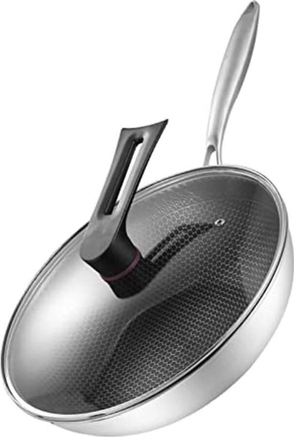 Karzo Wok Van Roestvrij Staal Wokpan Met Anti-aanbaklaag En Deksel Dubbelzijdige Honingraat 3-laags Voorkom Plakkende Braadpan Koken Wok Koekenpan Geschikt Met Inductie (34cm (met deksel en oren))