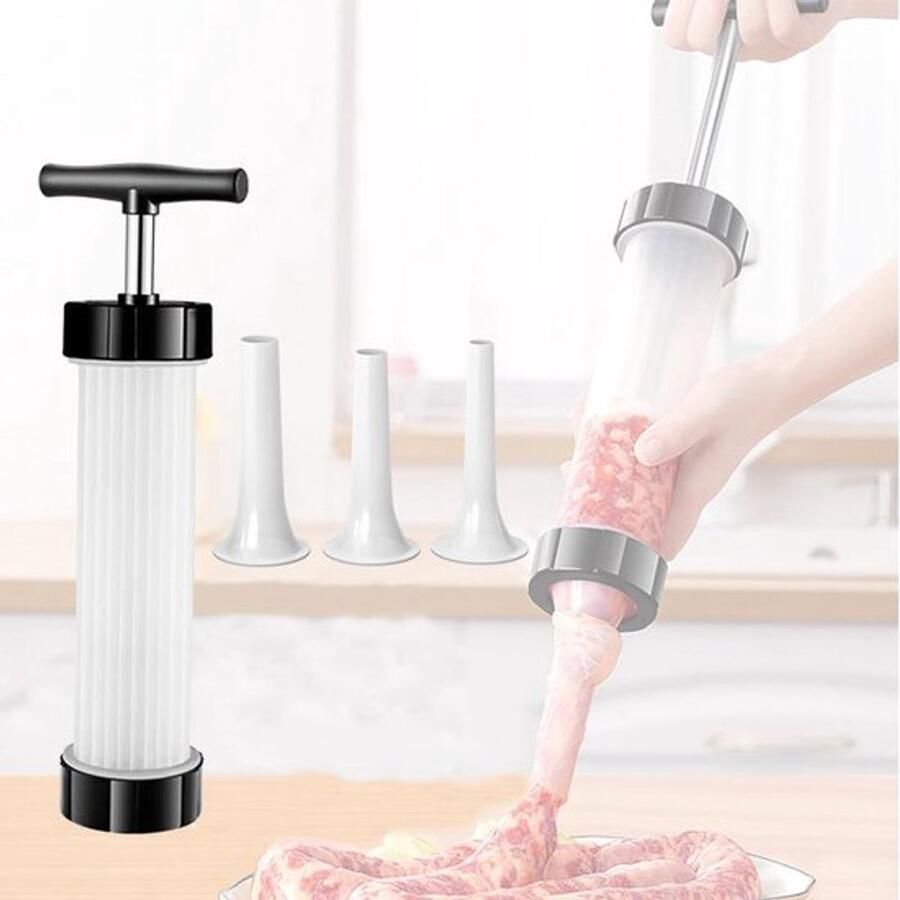 Karzo Worstvuller handmatig slechtstevulgereedschap met 3 trechtermondstukken handmatige slechtstevuller voor huishouden slechtstevulbuizen voor zelfgemaakte worstjes (wit)