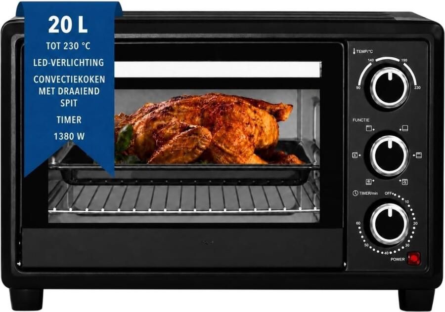 Kavora Mini Oven Mini-oven 20L Minioven met instelbare temperatuur Zwart 34cm x 46cm x 29cm