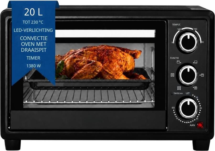 QUOVO Mini Oven Mini-oven 20L Minioven met instelbare temperatuur Zwart 34cm x 46cm x 29cm