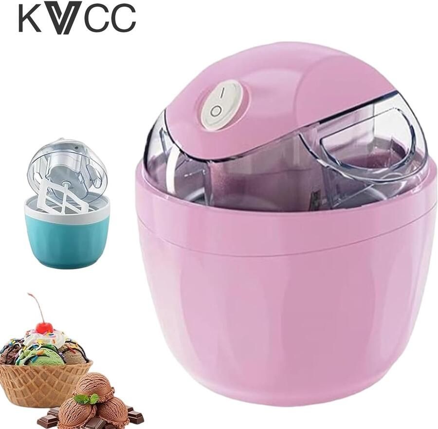 KCVV Ijsmachine zelf vriezend-softijs machine voor thuis Maak snel zelfgemaakte bevroren yoghurt en desserts in 15 minuten Compact ontwerp voor één portie ideaal voor kinderkamers en keukens Roze 14x14x16 cm