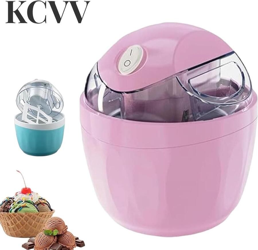 KCVV Ijsmachine zelf vriezend-softijs machine voor thuis Maak snel zelfgemaakte bevroren yoghurt en desserts in 15 minuten Compact ontwerp voor één portie ideaal voor kinderkamers en keukens Roze 14x14x16 cm