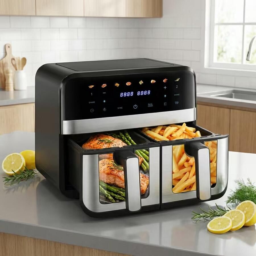 Kehot 9.4L Airfryer met 2 Kamers & Kijkvenster – Dubbele Heteluchtfriteuse 8-in-1 – Touchscreen & Antiaanbak Mandjes