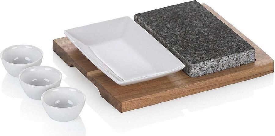 Kela Hot Stone Set Maat XL 6-delig Graniet Acaciahout Keramiek Country