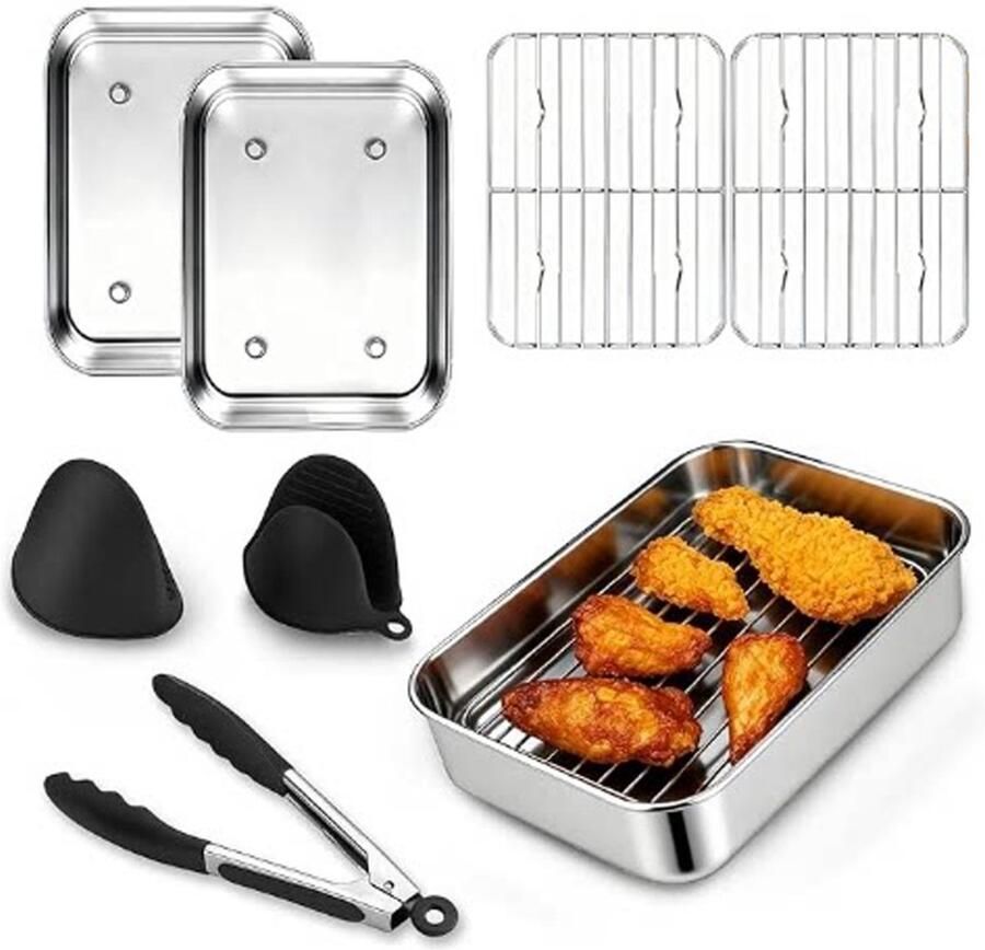 Kelav 6-delige Airfryer Accessoireset van Roestvrij Staal 2 Ovenschalen 2 Grillroosters Tang en Siliconen Hoesjes Heteluchtfriteuse Accessoires