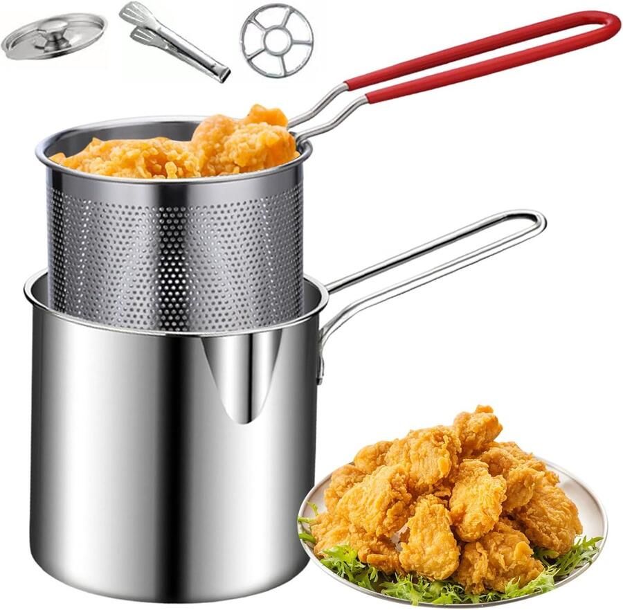 Kelav Mini Friteuse van Roestvrij Staal met Frituurmand en Deksel Kleine Frituurpan met Hittebestendig Handvat voor Friet Tempura Vis en Kip
