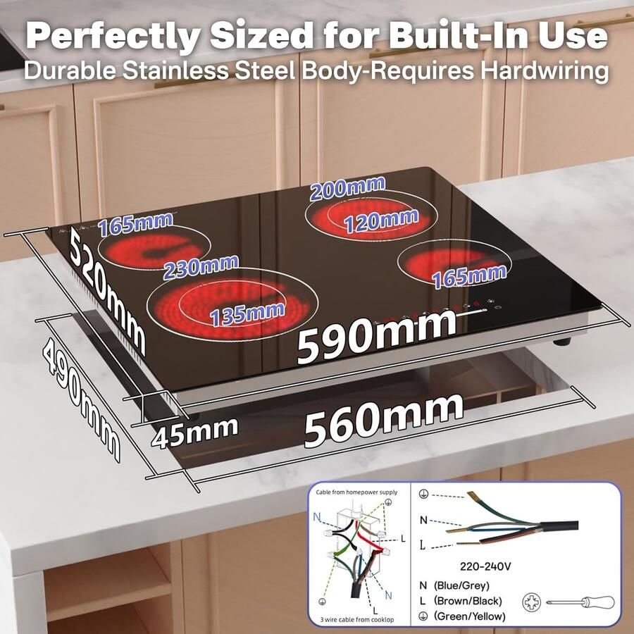 Glaskeramische Kookplaat 60 cm met 4 Zones en Touchbediening Inbouw Geschikt voor Alle Pannen