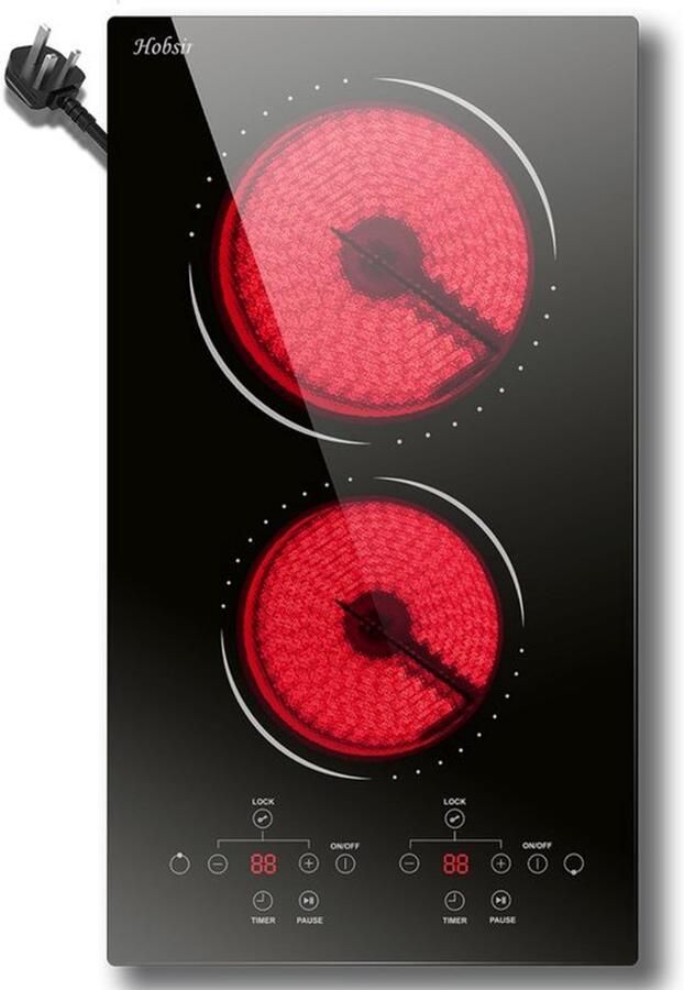 Keramische Kookplaat Inbouw 2 Zones 3000 W 30 cm Breedte Rood Glas Keramiek Elektrisch Kookveld