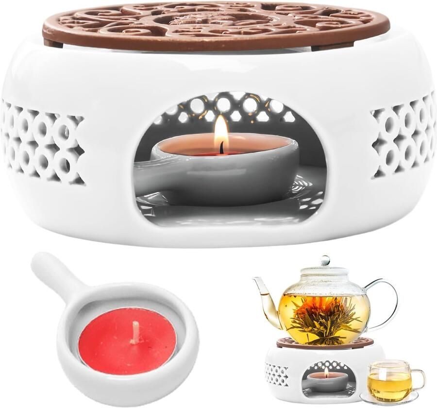 Keramische Theewarmer Wit Theepotwarmer met Kaarshouders Voor het Behouden van Warmte van Thee en Koffie