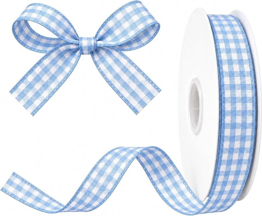 Kerstband met ruitjes voor cadeaus en decoratie blauw-wit 10 mm x 45 m