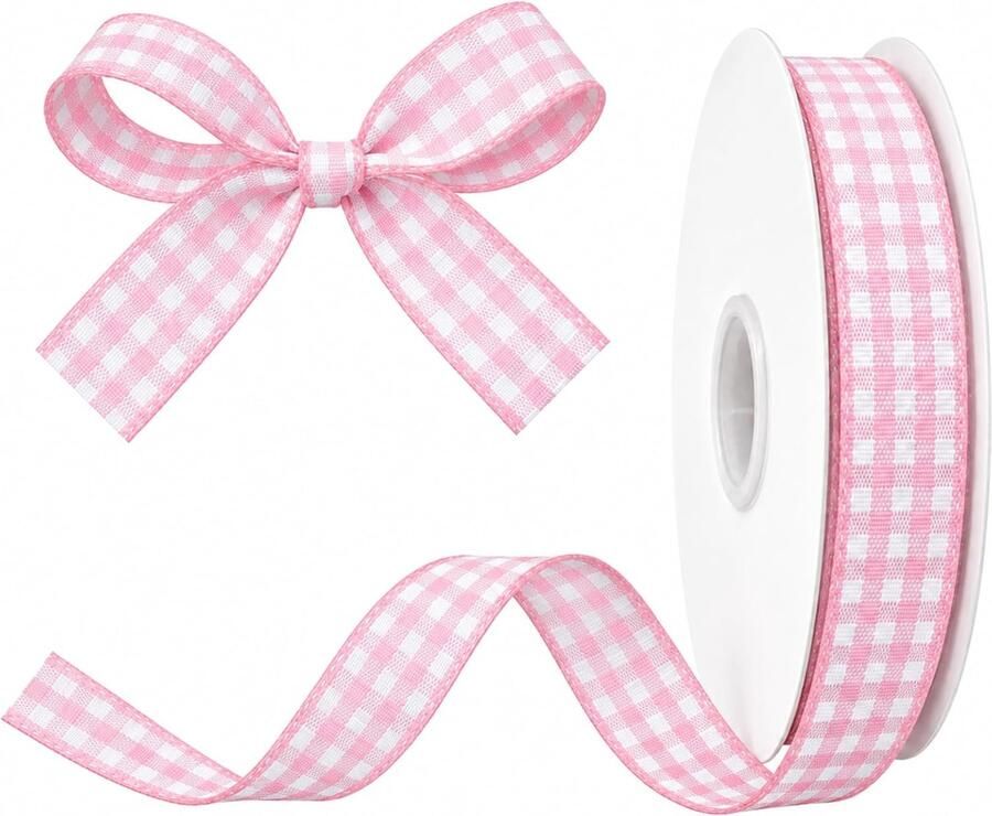 Kerstband met ruitjes voor cadeaus en decoratie (licht rosé wit 10 mm x 45 m)
