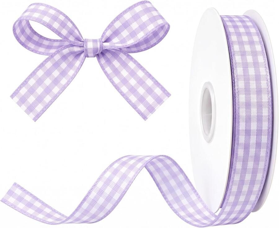 Kerstband met ruitjes voor cadeaus en decoratie (lichtpaars wit 10 mm x 45 m)