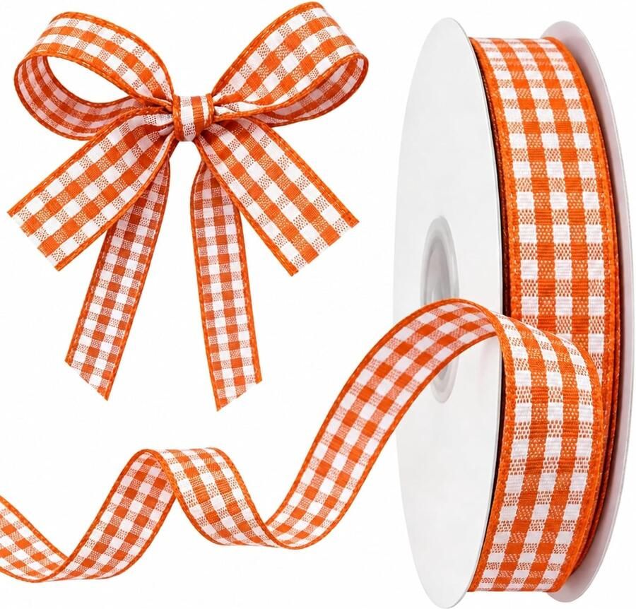 Kerstband met ruitjes voor cadeaus en decoratie (oranje en wit 10 mm x 45 m)