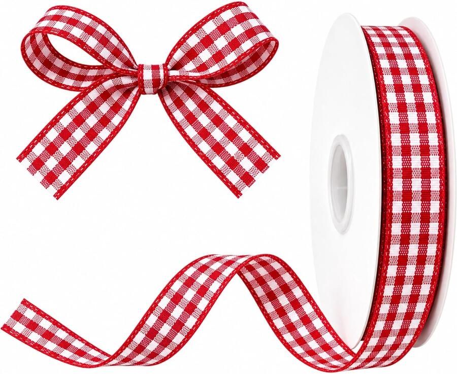 Kerstband met ruitjes voor cadeaus en decoratie (rood wit 10 mm x 45 m)