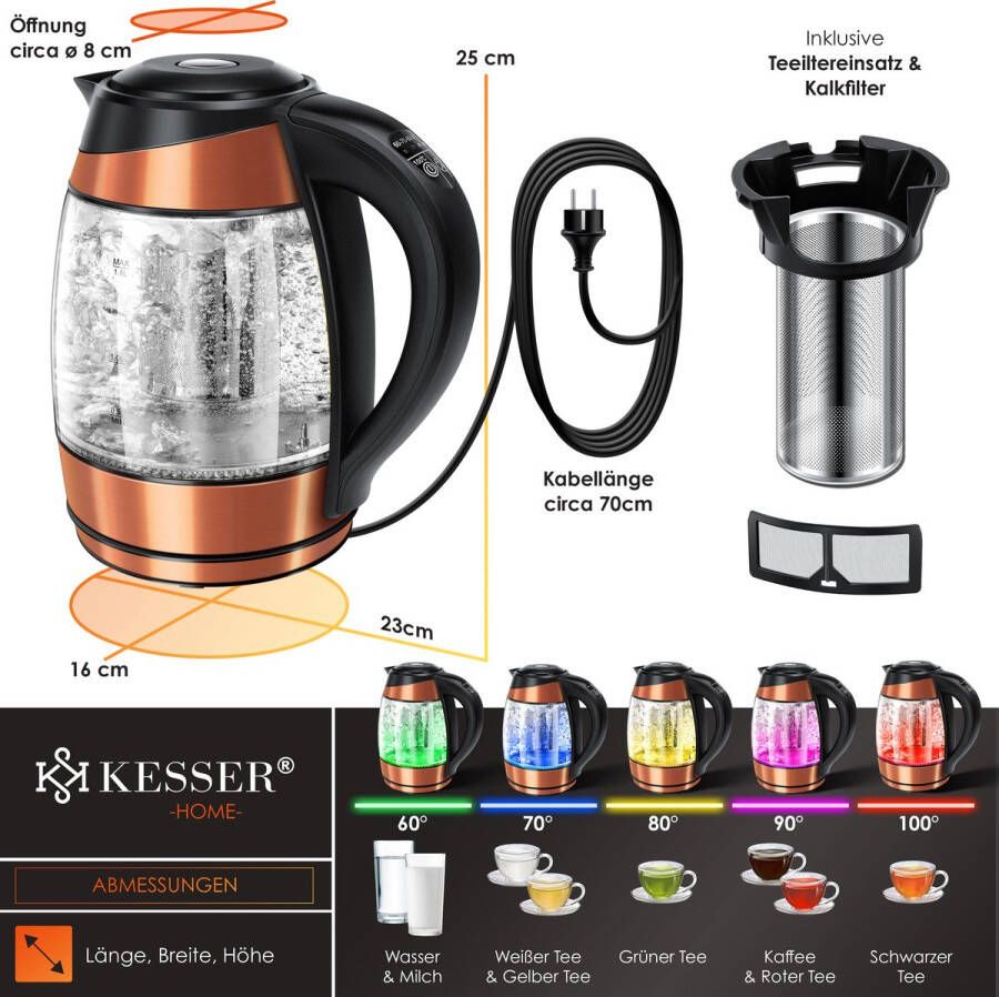 Kesser 1 8L Elektrische Waterkoker 2200W Glazen Waterkoker Roestvrijstalen Warmhoudfunctie Kettle Koper - Foto 2