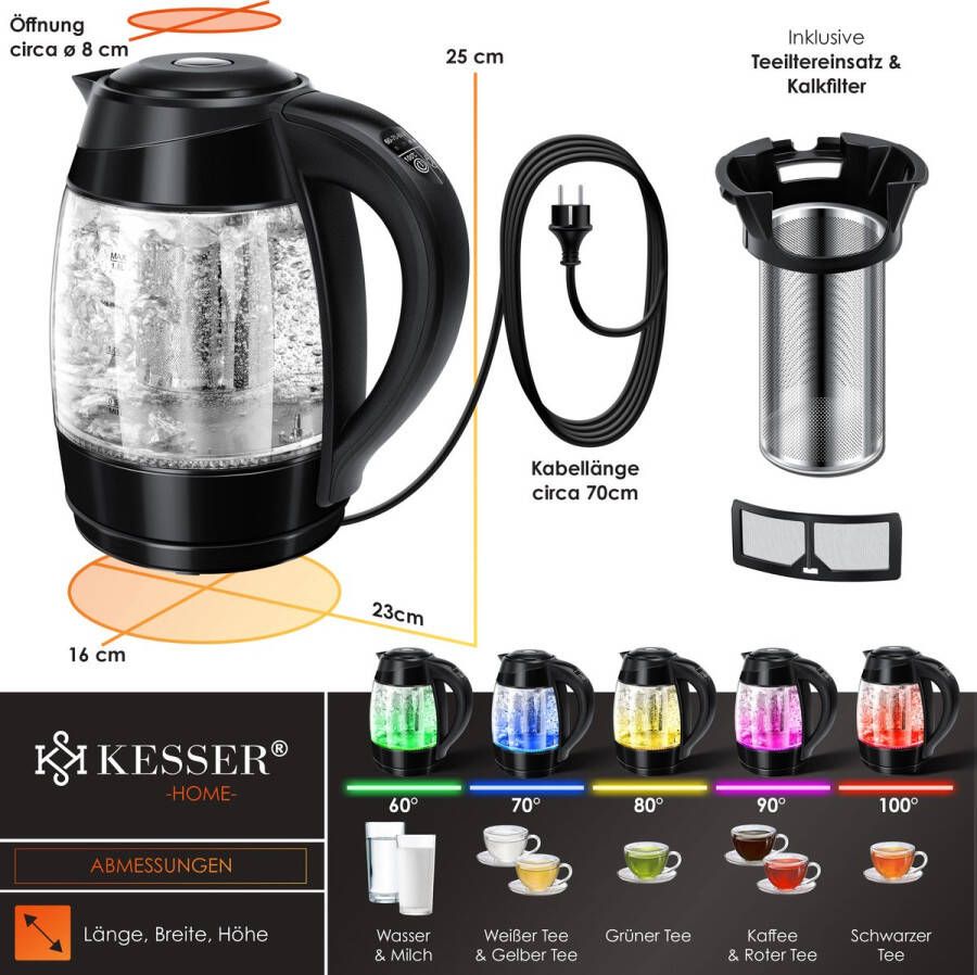 Kesser 1 8L Elektrische Waterkoker 2200W Glazen Waterkoker Roestvrijstalen Warmhoudfunctie Kettle Zwart Zwart - Foto 5