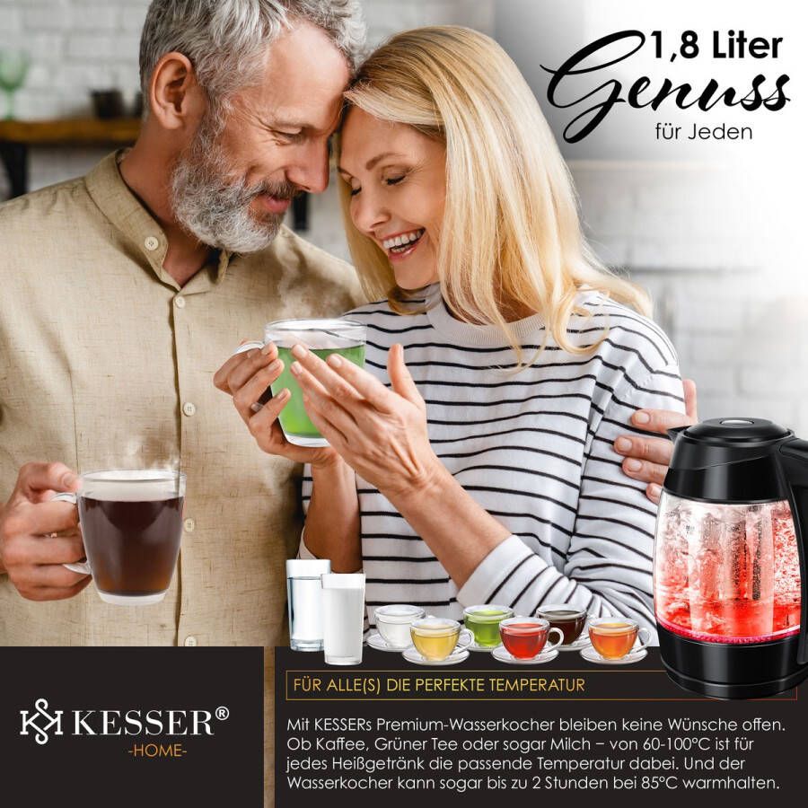 Kesser 1 8L Elektrische Waterkoker 2200W Glazen Waterkoker Roestvrijstalen Warmhoudfunctie Kettle Zwart Zwart - Foto 2