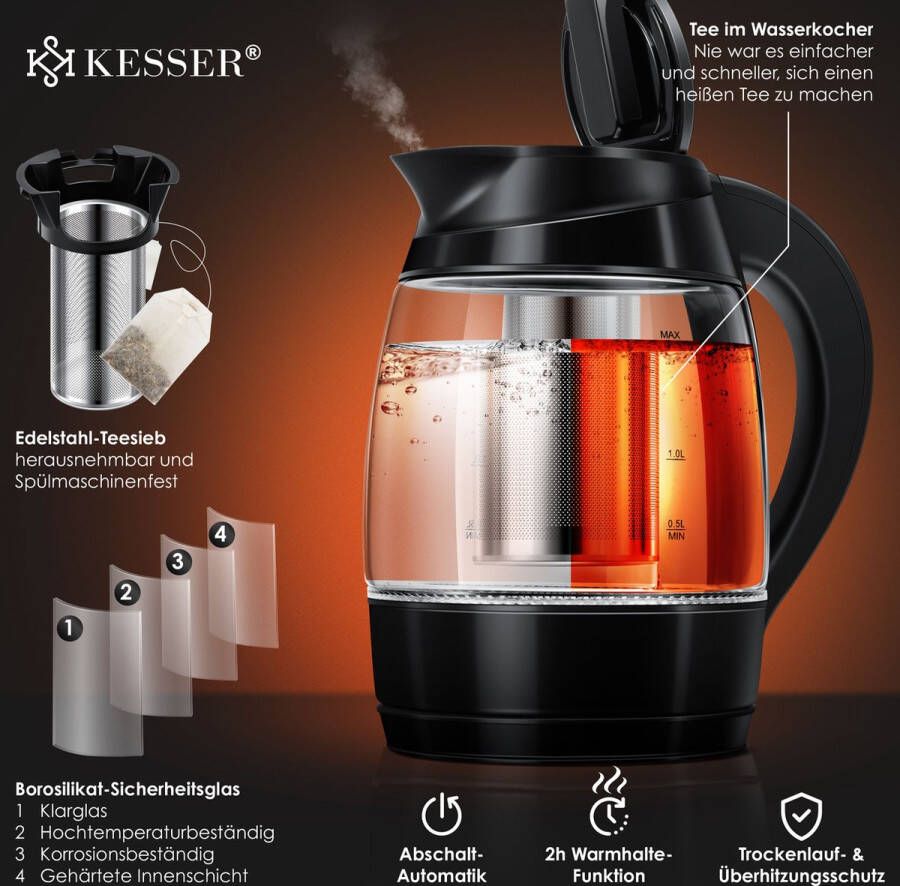 Kesser 1 8L Elektrische Waterkoker 2200W Glazen Waterkoker Roestvrijstalen Warmhoudfunctie Kettle Zwart Zwart - Foto 3