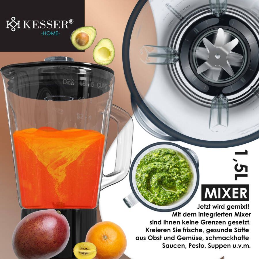 Kesser 3 in 1 Keukenmachine Foodprocessor Keukenmixer Keukenrobotor K-KM 3000 met Kneder Multifunctionele Mixer 5 L Kom met 3 Menggereedschappen 1 5 L Sapcentrifuge Worstset Pasta & Koekjesvormen Zilver