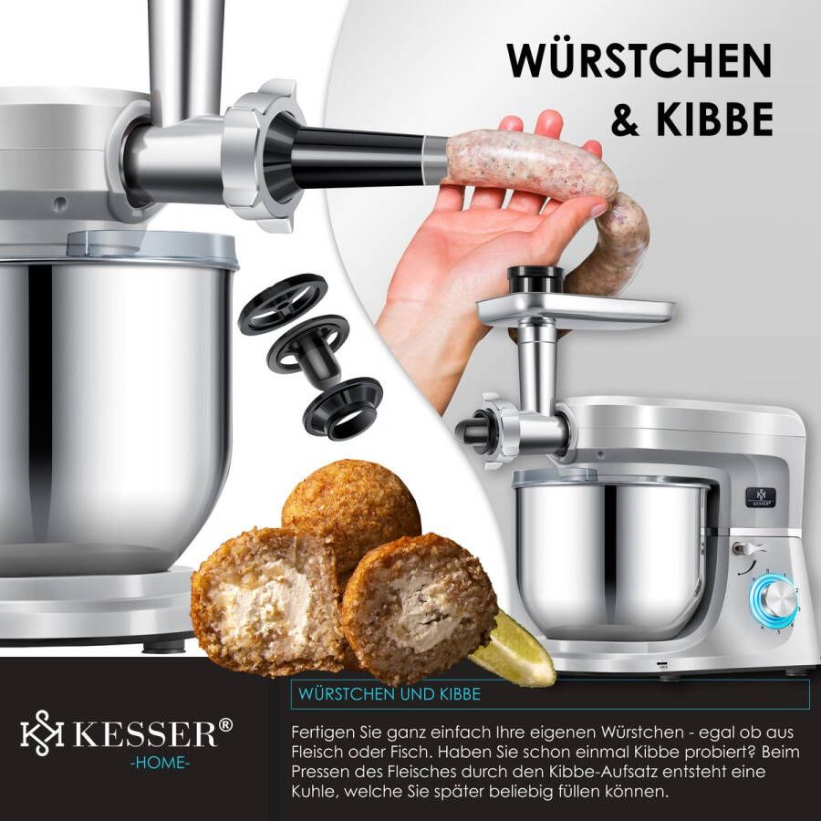 Kesser 3 in 1 Keukenmachine Foodprocessor Keukenmixer Keukenrobotor K-KM 3000 met Kneder Multifunctionele Mixer 5 L Kom met 3 Menggereedschappen 1 5 L Sapcentrifuge Worstset Pasta & Koekjesvormen Zilver - Foto 2