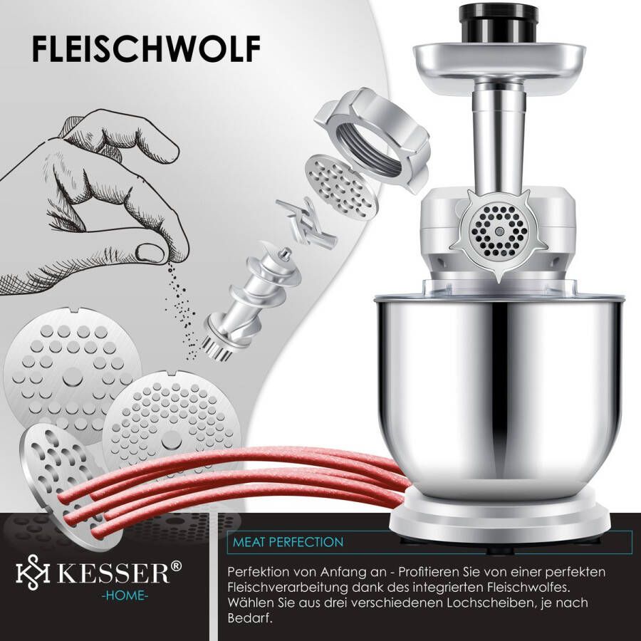 Kesser 3 in 1 Keukenmachine Foodprocessor Keukenmixer Keukenrobotor K-KM 3000 met Kneder Multifunctionele Mixer 5 L Kom met 3 Menggereedschappen 1 5 L Sapcentrifuge Worstset Pasta & Koekjesvormen Zilver - Foto 4