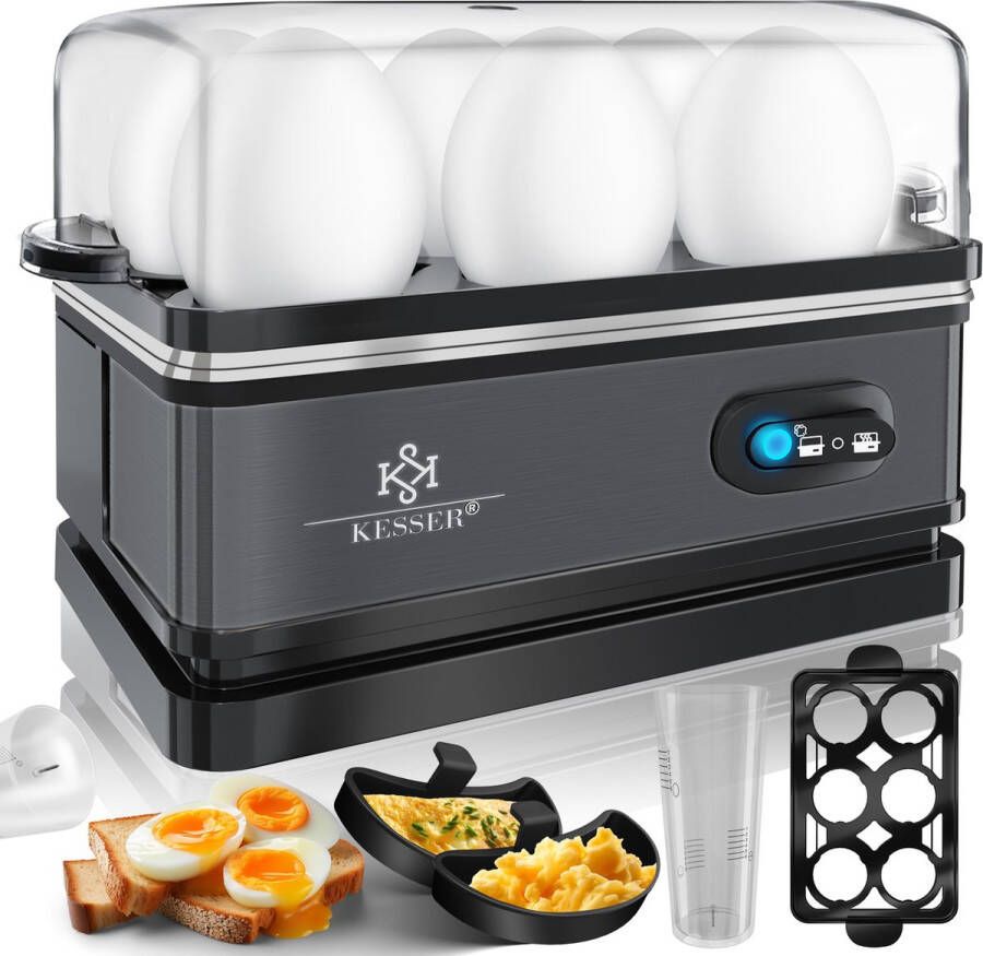 Kesser Eierkoker electrisch voor 6 Eieren Elektrische Eierkoker 400W van roestvrij staal met Timer en Maatbeker & 2x kom voor omelet BPA-vrij Zwart Antraciet