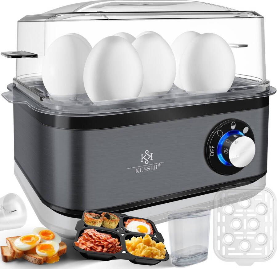 Kesser Eierkoker electrisch voor 8 Eieren Elektrische Eierkoker 500W van roestvrij staal met Timer en Maatbeker kom voor omelet & Eierhouder BPA-vrij Zwart Antraciet