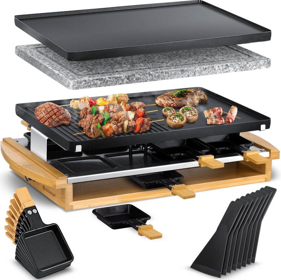 Kesser Gourmetstel 1200W met natuurlijke Grillplaat Gourmetset Raclette Set voor 8 personen Tafelgrill elektrische Grill met 8 pannetjes en houten spatel antiaanbaklaag Bakplaat 8 personen