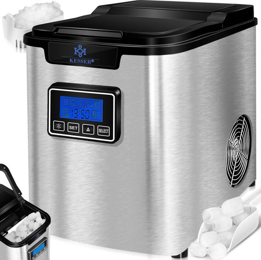 Kesser Ice Maker 150W Ice Cube Maker IJsblokjesmachine IJsblokmaker 12 kg 24 h 3 blokjesformaten Bereiding in 7 min Waterreservoir van 2 liter Timer LCD-display Zelfreinigingsfunctie Zilver