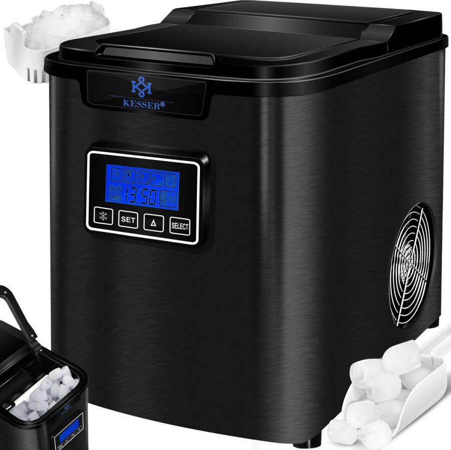 Kesser Ice Maker 150W Ice Cube Maker IJsblokjesmachine IJsblokmaker 12 kg 24 h 3 blokjesformaten Bereiding in 7 min Waterreservoir van 2 liter Timer LCD-display Zelfreinigingsfunctie Zwart