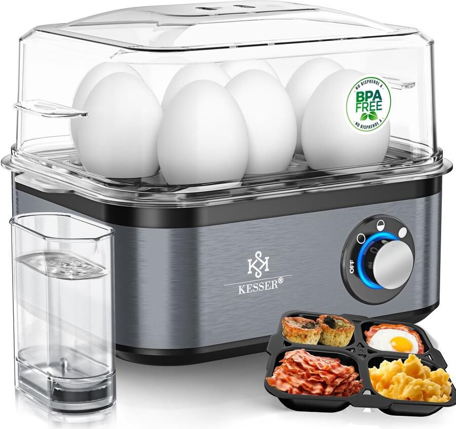 Kesser Eierkoker electrisch voor 8 Eieren Elektrische Eierkoker 500W van roestvrij staal met Timer en Maatbeker kom voor omelet & Eierhouder BPA-vrij Zwart Antraciet