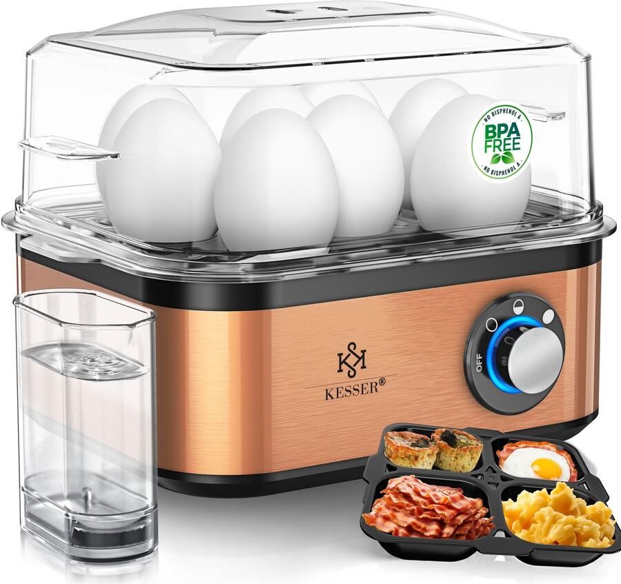 Kesser Eierkoker electrisch voor 8 Eieren Elektrische Eierkoker 500W van roestvrij staal met Timer en Maatbeker kom voor omelet & Eierhouder BPA-vrij Zwart Koper