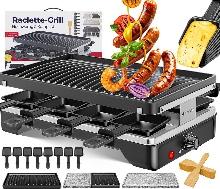 Kesser Gourmetstel met natuurlijke Grillplaat Gourmetset voor 8 personen elektrische Grill Bakplaat Raclette met antiaanbaklaag 8 pannetjes en houten spatel Zwart 1200W