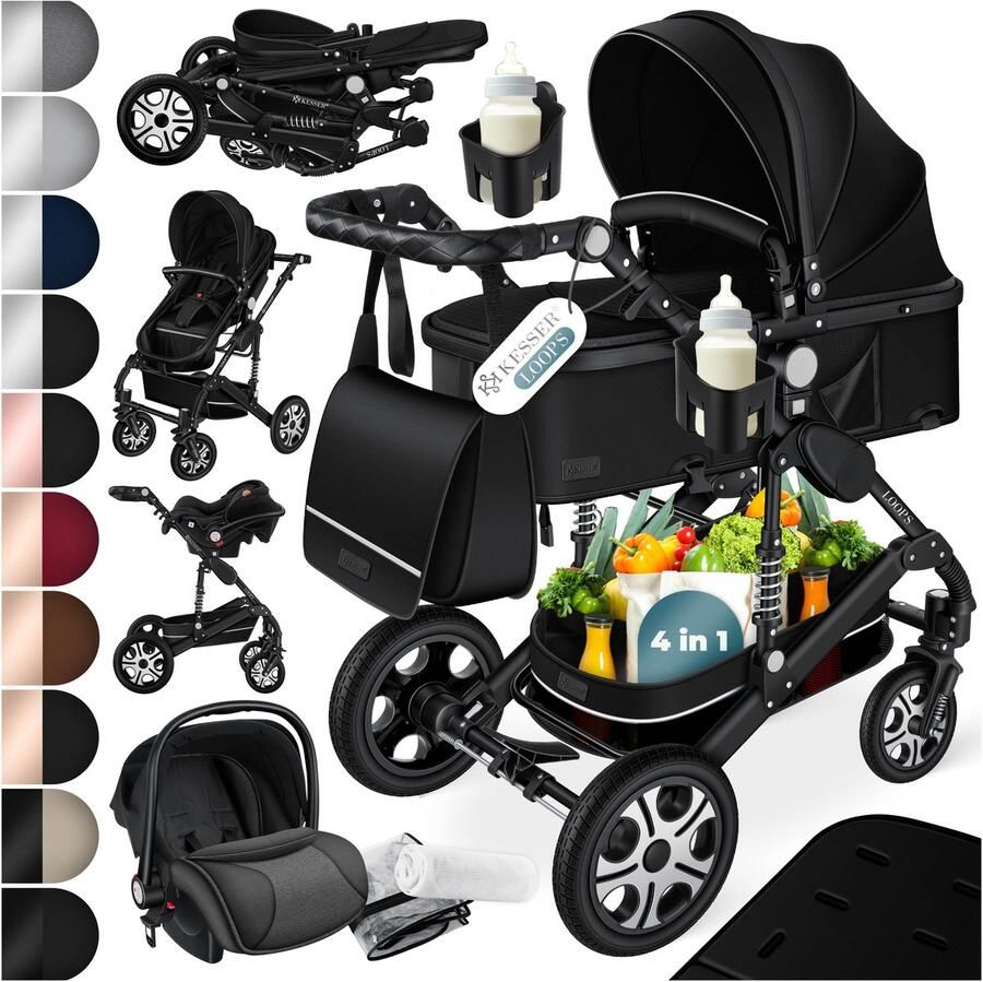 Kesser Kinderwagen 3 in 1 Loops Wandelwagen Set incl. Autostoel & Reiswieg & Buggy Sportzitje Massieve Rubberbanden Luiertas Regenhoes Zwart