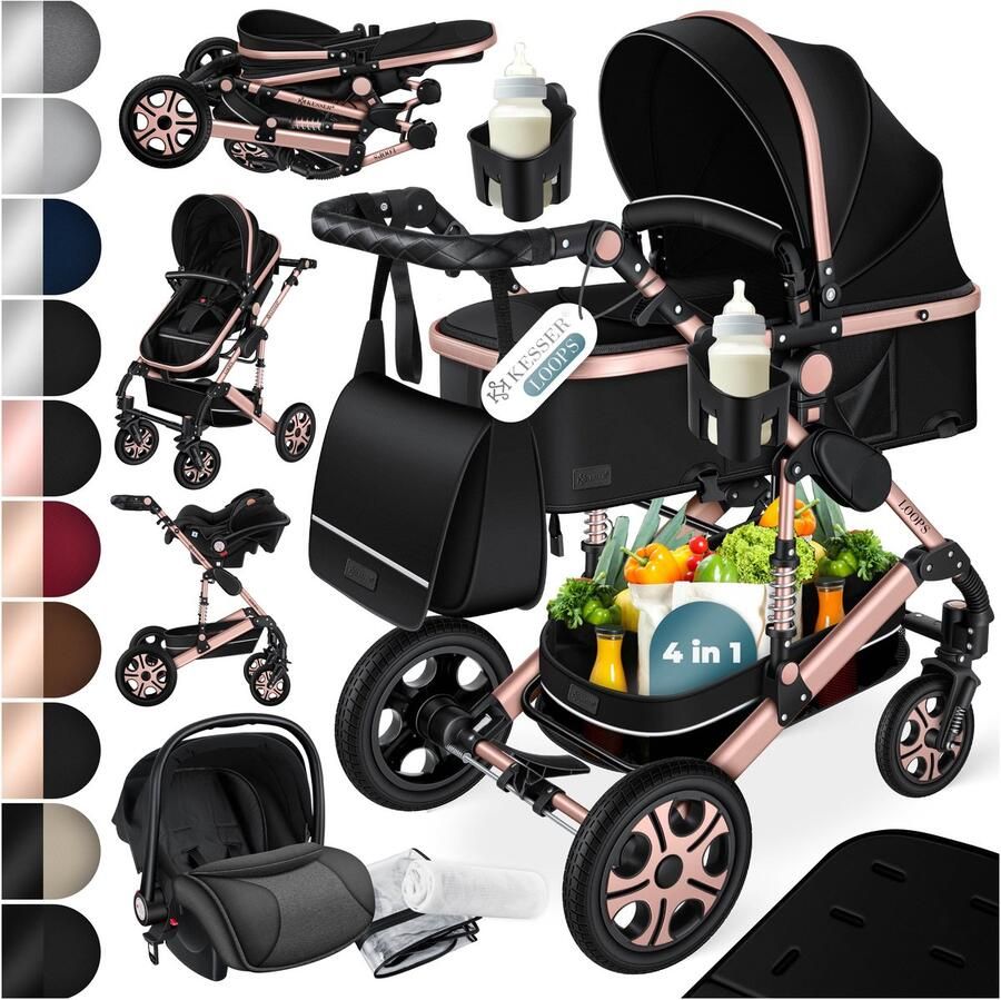 Kesser Kinderwagen 3 in 1 Loops Wandelwagen Set incl. Autostoel & Reiswieg & Buggy Sportzitje Massieve Rubberbanden Luiertas Regenhoes Zwart Roségoud