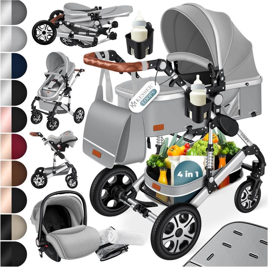 Kesser Kinderwagen 3 in 1 Loops Wandelwagen Set incl. Autostoel & Reiswieg & Buggy Sportzitje Massieve Rubberbanden Luiertas Regenhoes Grijs Zilver