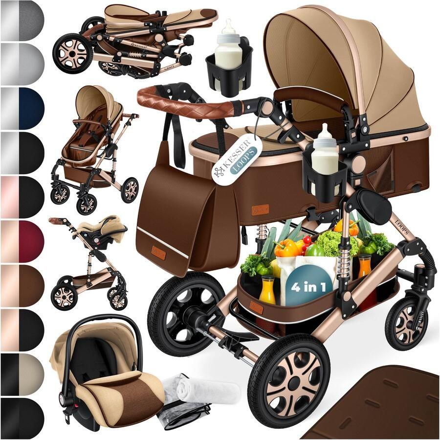 Kesser Kinderwagen 3 in 1 Loops Wandelwagen Set incl. Autostoel & Reiswieg & Buggy Sportzitje Massieve Rubberbanden Luiertas Regenhoes Bruin Champagne