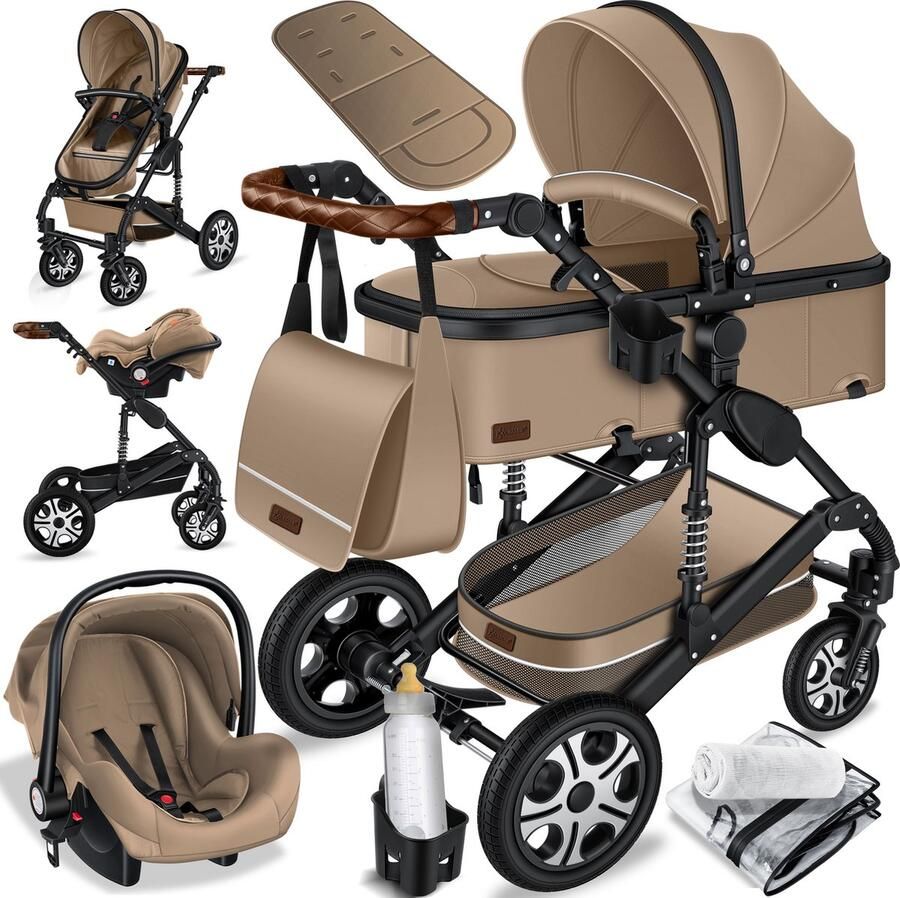 Kesser Kinderwagen 3 in 1 Loops Wandelwagen Set incl. Autostoel & Reiswieg & Buggy Sportzitje Massieve Rubberbanden Luiertas Regenhoes Beige Zwart