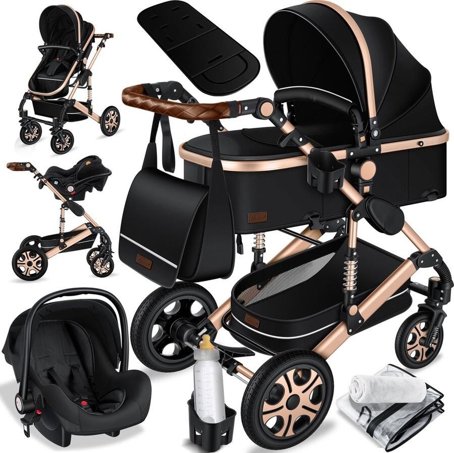 Kesser Kinderwagen 3 in 1 Loops Wandelwagen Set incl. Autostoel & Reiswieg & Buggy Sportzitje Massieve Rubberbanden Luiertas Regenhoes Zwart Champagne
