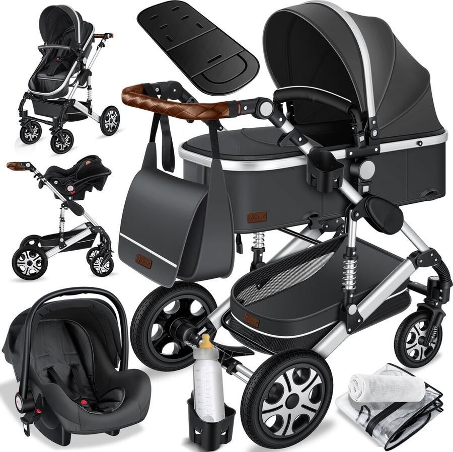 Kesser Kinderwagen 3 in 1 Loops Wandelwagen Set incl. Autostoel & Reiswieg & Buggy Sportzitje Massieve Rubberbanden Luiertas Regenhoes Asfalt-Grijs Zilver