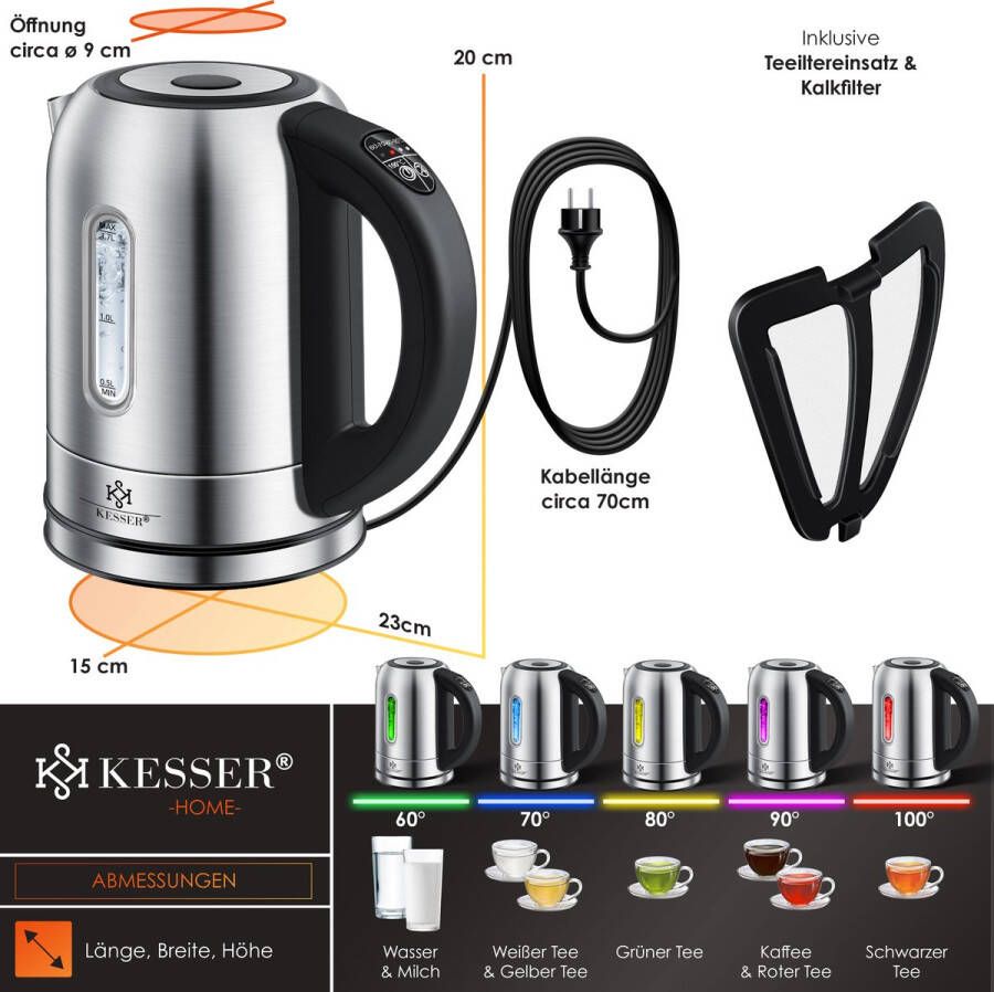 Kesser roestvrijstalen Waterkoker van 1 7 Liter 2200 W met Temperatuurregeling Warmhoudfunctie Zilver - Foto 2
