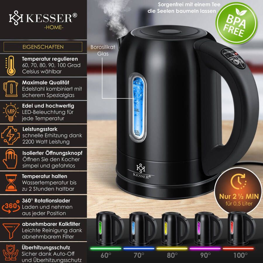 Kesser roestvrijstalen Waterkoker van 1 7 Liter 2200 W met Temperatuurregeling Warmhoudfunctie Zwart